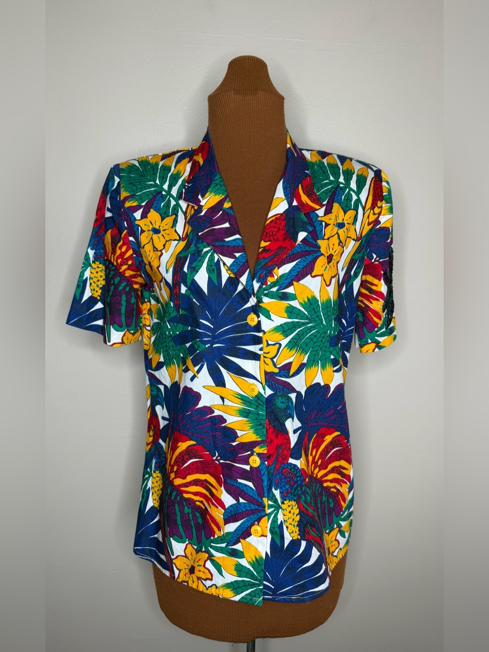 Helene Sidel Vintage Vibrant Tropical Short-Sleeve Button-Down Shirt Size 4